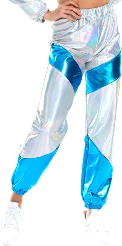 Vista 6 de IDOPIP Pantalones deportivos metálicos brillantes para mujer con bloques de color holográficos cintura alta reflectantes para Halloween disfraz sexy