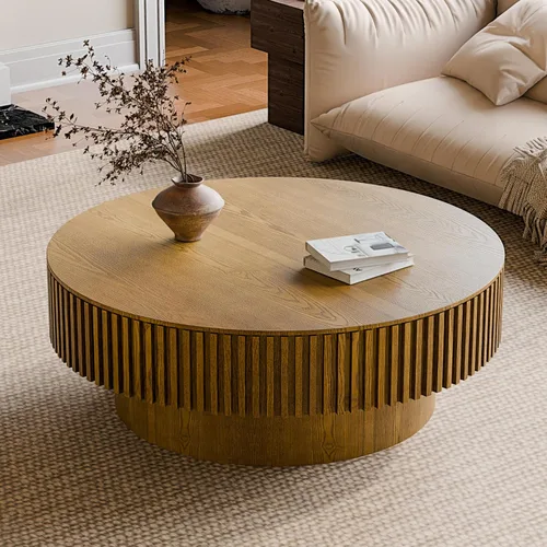Vista 15 de Mesa de centro redonda acanalada de 31.49 pulgadas para sala de estar, mesa de café moderna de mediados de siglo con pedestal resistente, mesa