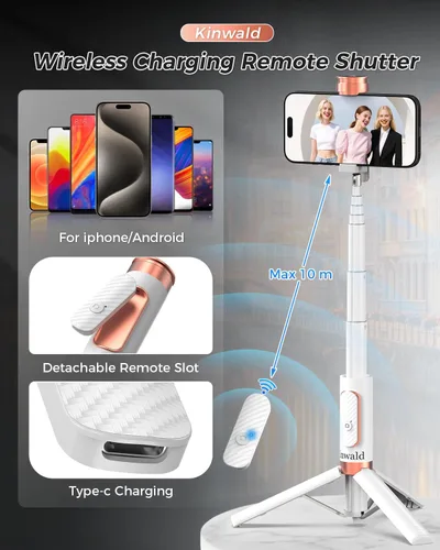 Vista 4 de Trípode Selfie Stick para iPhone y Android, soporte de trípode portátil para teléfono con control remoto Bluetooth, apertura con un solo clic