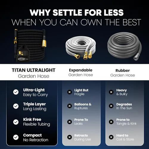 Vista 4 de Manguera de jardín flexible TITAN de 10 pies – Ultra ligera, manguera de agua resistente con accesorios de latón y boquilla de chorro – Sin