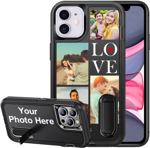 Vista 11 de Funda personalizada para iPhone 11, funda con soporte integrado y soporte, protección resistente a los arañazos, funda de fotos personalizada, haz