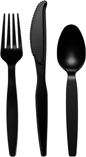Vista 2 de Comfy Package [Paquete combinado de 360 unidades] cubiertos básicos de plástico negro, utensilios desechables pesados, 180 tenedores, 120 cucharas