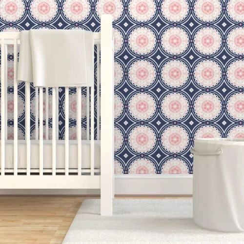 Vista 6 de Spoonflower Navy Pink White Pre-Pasted Removable Wallpaper Sample 12" x 24" Navy Pink White Circle Girls Room Self-adhesive, removable and