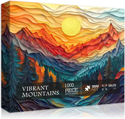Vista 9 de Rompecabezas de montaña para adultos de 1000 piezas, fantasía, luna roja, paisaje, naturaleza, paisaje, escénico, cañón de árbol, bosque, corte