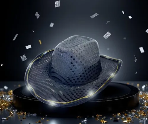 Vista 2 de Sombrero de vaquero con lentejuelas LED para fiesta de fiesta intermitente, fiesta de baile para cumpleaños, boda, festival, Halloween