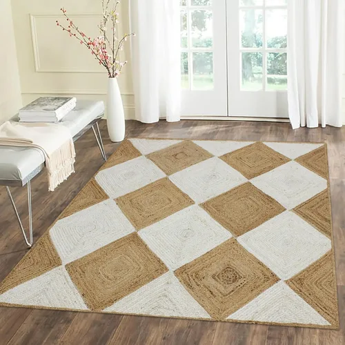 Vista 6 de Collection - Alfombra de pasillo de 2.6 x 4 pies, alfombra trenzada de yute blanca y beige, alfombra geométrica kilim para interiores y exteriores