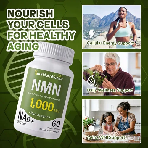 Vista 4 de Suplementos NMN de 1000 mg – 99.9% de pureza probada – Precursor NAD+ – Sin OMG – 60 cápsulas veganas