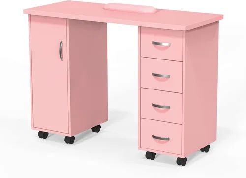 Vista 10 de OmySalon Mesa de Manicura con Gabinete, Cajones, Ruedas y Reposamuñecas, Estación de Trabajo de Madera para Salón de Spa y Belleza, Equipo de Arte
