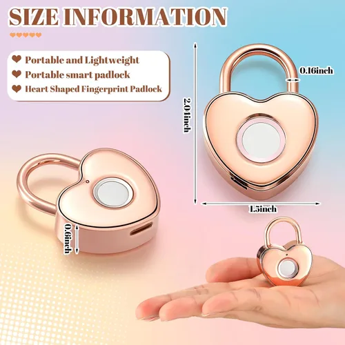 Vista 2 de Candado de huellas dactilares con forma de corazón, pequeño candado de oro rosa para mujer, candado inteligente con estampado de dedos