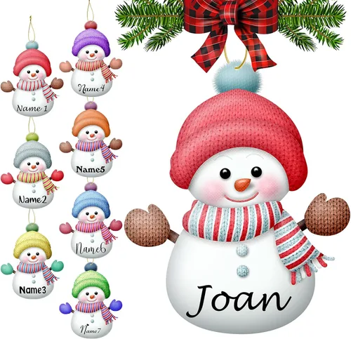 Vista 29 de Adornos de Navidad personalizados con nombres, muñeco de nieve, 8 piezas, adorno familiar personalizado, decoración colgante de madera para árbol