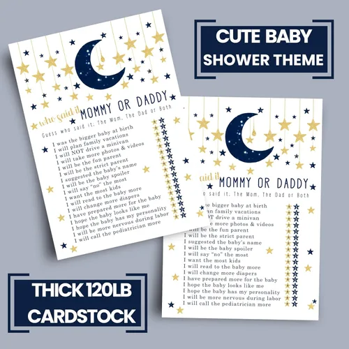 Vista 5 de Paper Clever Party Twinkle Little Star - Juegos de baby shower para niños, 25 tarjetas de juego de Adivina quién mamá o papá, divertidas actividades