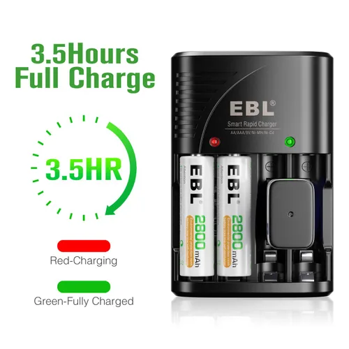 Vista 10 de EBL Paquete de 4 baterías AA recargables, batería doble A precargada de 2800 mAh y cargador de batería AA AAA con enchufe de pared plegable