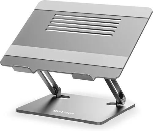 Vista 8 de BoYata Soporte para laptop, elevador ajustable para laptop con silicona deslizante y ganchos protectores, soporte para laptop de hasta 17 pulgadas