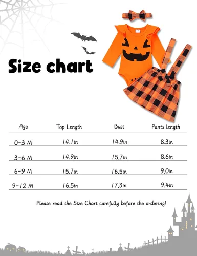 Vista 6 de Conjunto de ropa de Halloween para recién nacido, con volantes, tirantes, calabaza, murciélago, fantasma, falda con diadema