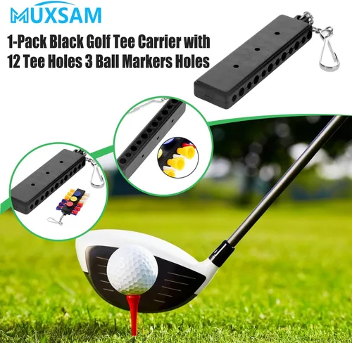 Vista 4 de MUXSAM Soporte para camiseta de golf negro para bolsa, paquete de 1 bolsa de golf con 12 agujeros en T, 3 agujeros para marcadores de bola, llavero