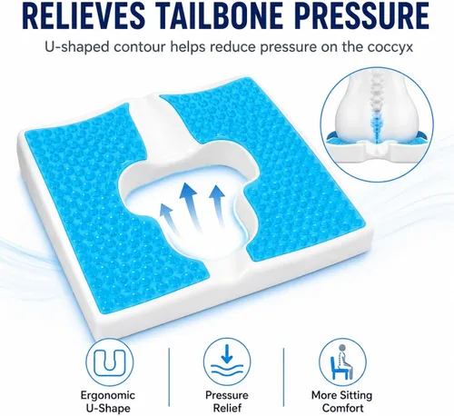 Vista 4 de TITA-DONG Cojín antiescaras para respirar, material de fibra, cojines para úlceras de decúbito para trasero, apertura en forma de T, diseño de Azul