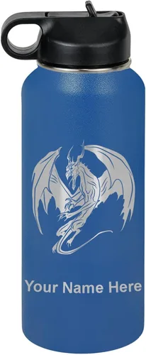 Vista 50 de LaserGram Botella de agua con tapa abatible de doble pared de 12 onzas con pajilla, dragón, grabado personalizado incluido (negro)