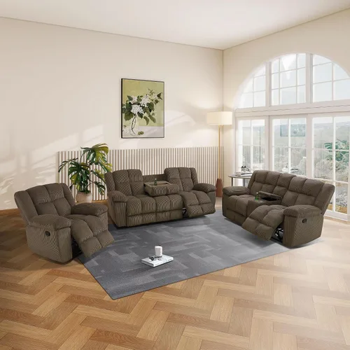 Vista 19 de Juego de sofá reclinable para muebles de sala de estar, juego de sofá y silla reclinable de pana verde, tela manual, sofá reclinable de 3 plazas