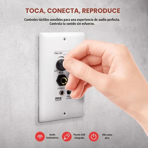 Vista 2 de Pyle Receptor BT Inalámbrico de Pared – Receptor de Control de Audio de 100W para Pared con Amplificador Integrado, Entradas USB/Micrófono/Aux