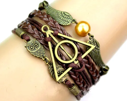 Vista 2 de Joyplancraft Pulsera legendaria de varias hebras, pulsera dorada de snitch y búhos, pulsera de amistad