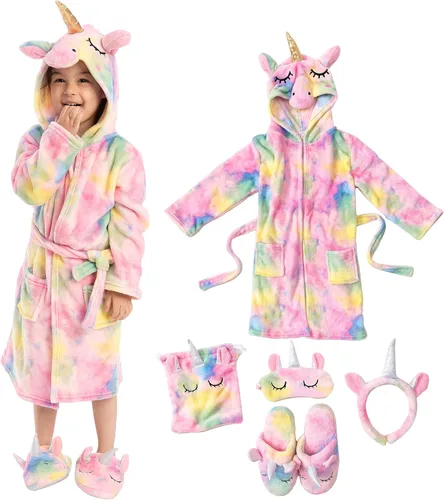 Vista 8 de Albornoz de unicornio con capucha para los ojos, bolsa, pantuflas y diadema