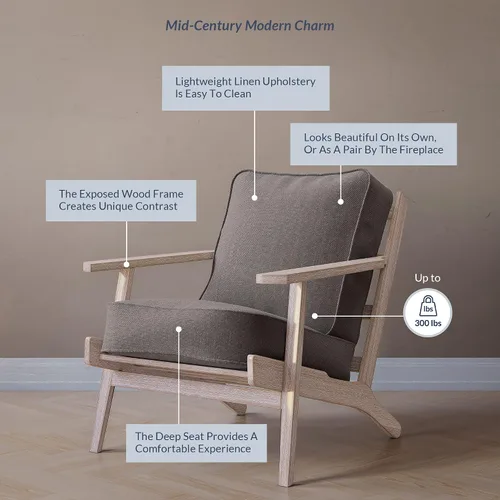 Vista 7 de BELLEZE Silla moderna de mediados de siglo con marco de madera resistente, sillón tapizado de lino, fácil montaje, cómoda silla decorativa para sala