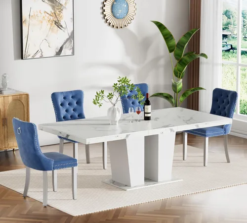 Vista 11 de Juego de mesa de comedor extensible de 5 piezas con 4 sillas de tela, mesa extensible marrón con base negra, juego moderno de comedor de madera