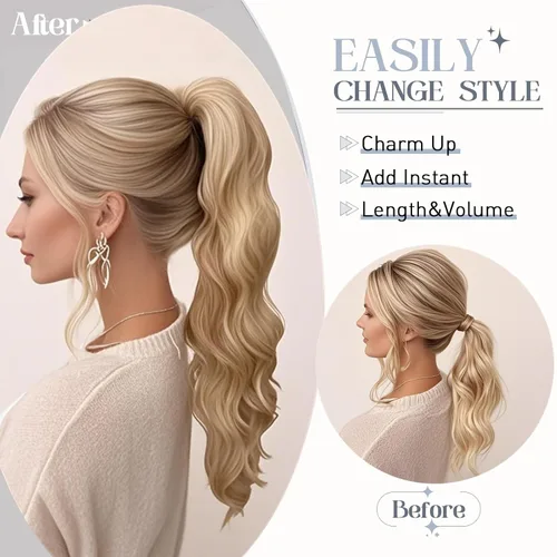 Vista 25 de Rich Choices Extensión de cola de caballo con clip de garra, cabello humano real, una pieza, extensiones de cabello largo Remy para mujer, #18P613