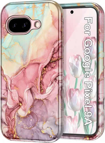 Vista 18 de Btscase Funda para Google Pixel 9 Pro 2024 [grado militar a prueba de golpes] elegante patrón de mármol delgado protector 3 capas de policarbonato