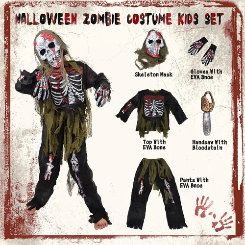 Vista 3 de Disfraz de zombi para niños, disfraz de zombi de esqueleto de Halloween para niños, disfraz de zombi muerto vivo con juguetes de motosierra