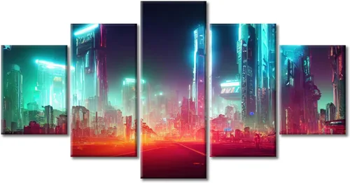 Vista 357 de Cuadros de 5 paneles de Cyberpunk City, arte de pared, representación de vallas publicitarias, edificios modernos en la capital con obras de arte