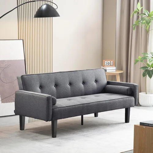 Vista 3 de Sofá cama de tela moderna, sofá biplaza convertible con 2 almohadas y reposabrazos, sofá reclinable plegable de 75 pulgadas con patas de madera
