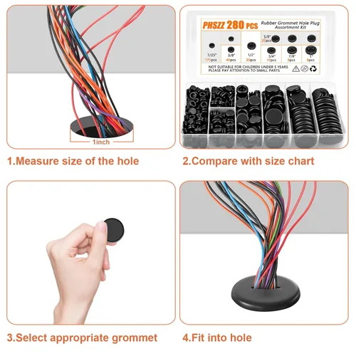 Vista 6 de PSHZZ Kit de 280 Ojales de Goma, Surtido de Juntas de Ojales de Goma para Cableado, Alambre, Automotriz, Cortafuegos, Chapa Metálica, Reparación