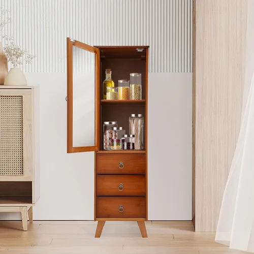 Vista 7 de Armario de almacenamiento de madera, armario con 1 puerta y 2 cajones, vitrina, organizador de almacenamiento de armario de cocina para dormitorio