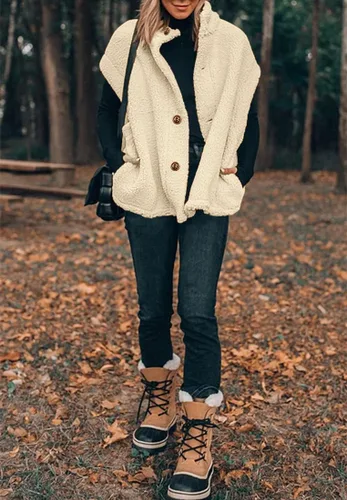 Vista 39 de Hongqizo - Chaleco de forro polar mullido para mujer, casual, de gran tamaño, cálido, con botones, chaqueta de sherpa con bolsillos