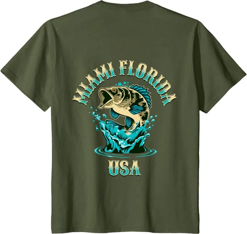 Vista 19 de Camiseta con diseño de pesca en la parte delantera y trasera de Miami Florida USA, Negro