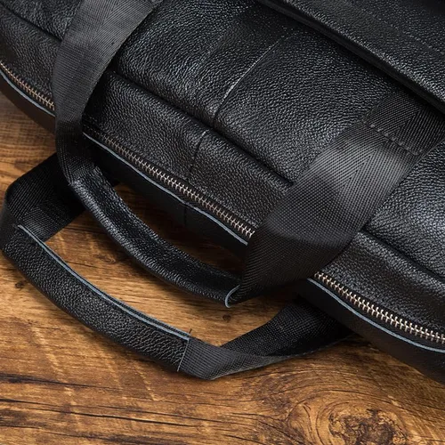 Vista 2 de Bolso de mensajero de cuero genuino para hombre, maletín para portátil, bolso de hombro para oficina, viajes de negocios con caja de regalo