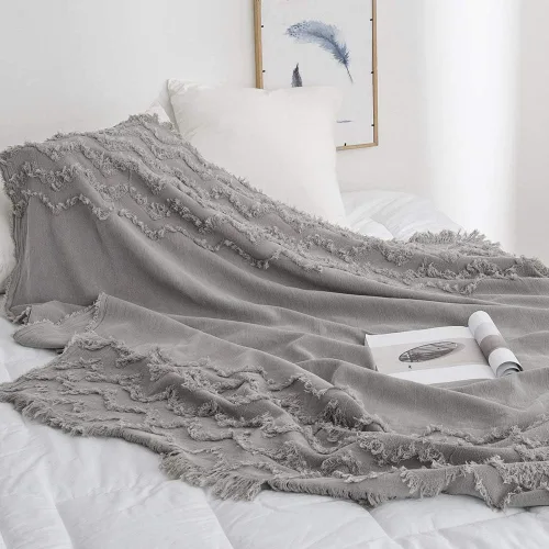 Vista 8 de Simple&Opulence Manta 100% algodón para cama, sofá, manta tejida en zigzag tejida bohemia con borlas, suave, ligera, transpirable, acogedora, Gris