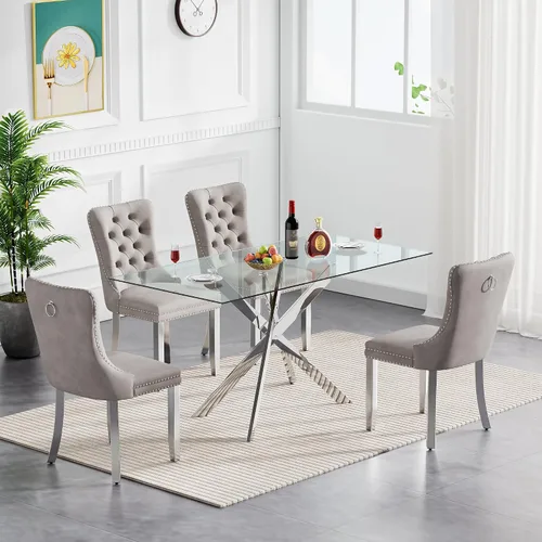 Vista 24 de Juego de mesa de comedor de cristal para cocina de 4, 5 piezas, mesa de comedor rectangular de 51 pulgadas con 4 sillas de cocina de terciopelo