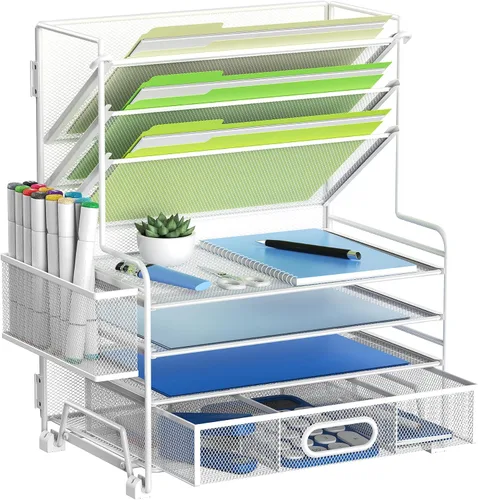 Vista 8 de MINDEPOT Organizador de papel de 4 niveles + soporte para archivos de 3 bolsillos + cajón + soportes para bolígrafos, organizador de archivos