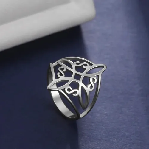 Vista 4 de UNIFT Anillo de nudo de bruja para mujer, acero inoxidable, celta, cuaternario, Wicca, estilo geométrico, anillo de nudo de brujería, amuleto