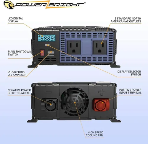 Vista 5 de Inversor de corriente de 2000 vatios y 12 V, salidas USB y CA, fácil de instalar, alimentación portátil automotriz para herramientas eléctricas