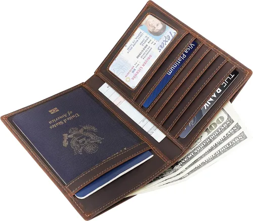 Vista 4 de Polare - Cartera de viaje de piel con bloqueo RFID para hombres y mujeres, Marrón oscuro, Cartera con bloqueo RFID