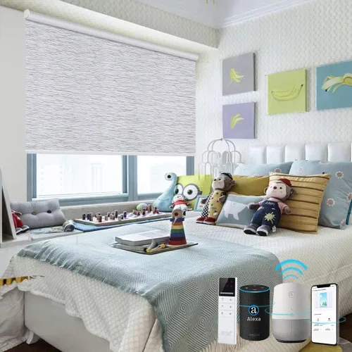 Vista 6 de TIPIACE Persianas motorizadas recargables compatibles con Alexa Google Home a través del concentrador, control remoto, opacas, de tela jacquard