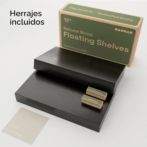Vista 6 de Estantes flotantes de madera maciza para pared de 12 pulgadas, color negro