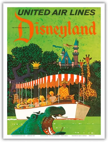 Vista 9 de California - Jungle Cruise Hippo - United Air Lines - Póster vintage de viaje de aerolínea por Stan Galli c.1960s - Impresión artística maestra