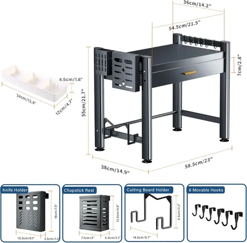Vista 7 de Estante ajustable para horno de microondas, estante de microondas con cajones, estante de 2 niveles con soporte para tablas de cortar para estantes