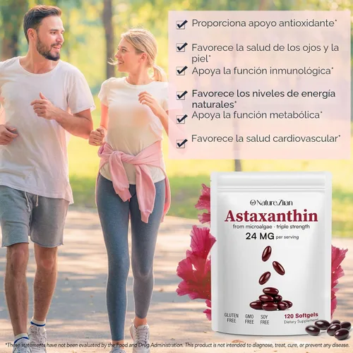 Vista 6 de O NATURE . ZIRAN Suplementos de astaxantina de 24 mg, suplemento antioxidante, ayuda para la salud de los ojos, las articulaciones y la piel