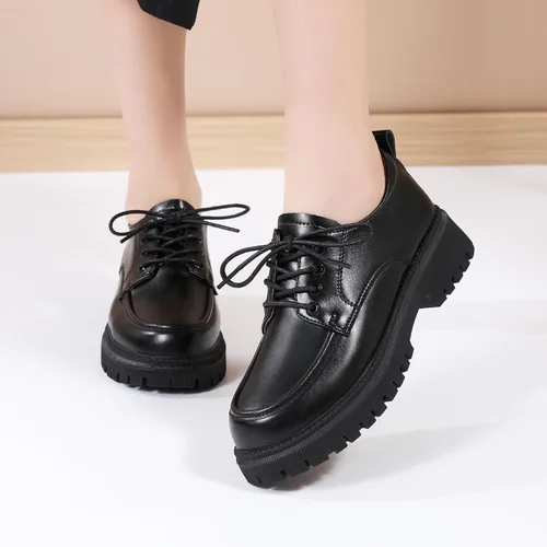 Vista 6 de Zapatos Oxford para mujer, zapatos de charol para mujer, plataforma Oxford, brillante, con cordones, punta redonda gruesa, antideslizante