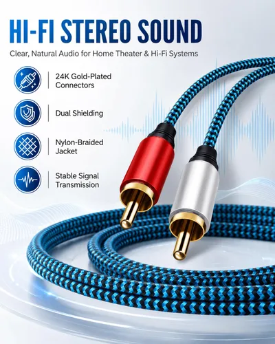 Vista 3 de Cable RCA de 5 pies/4.9 ft 2RCA macho a 2RCA macho cable de audio estéreo trenzado de nailon cable de audio auxiliar para cine en casa